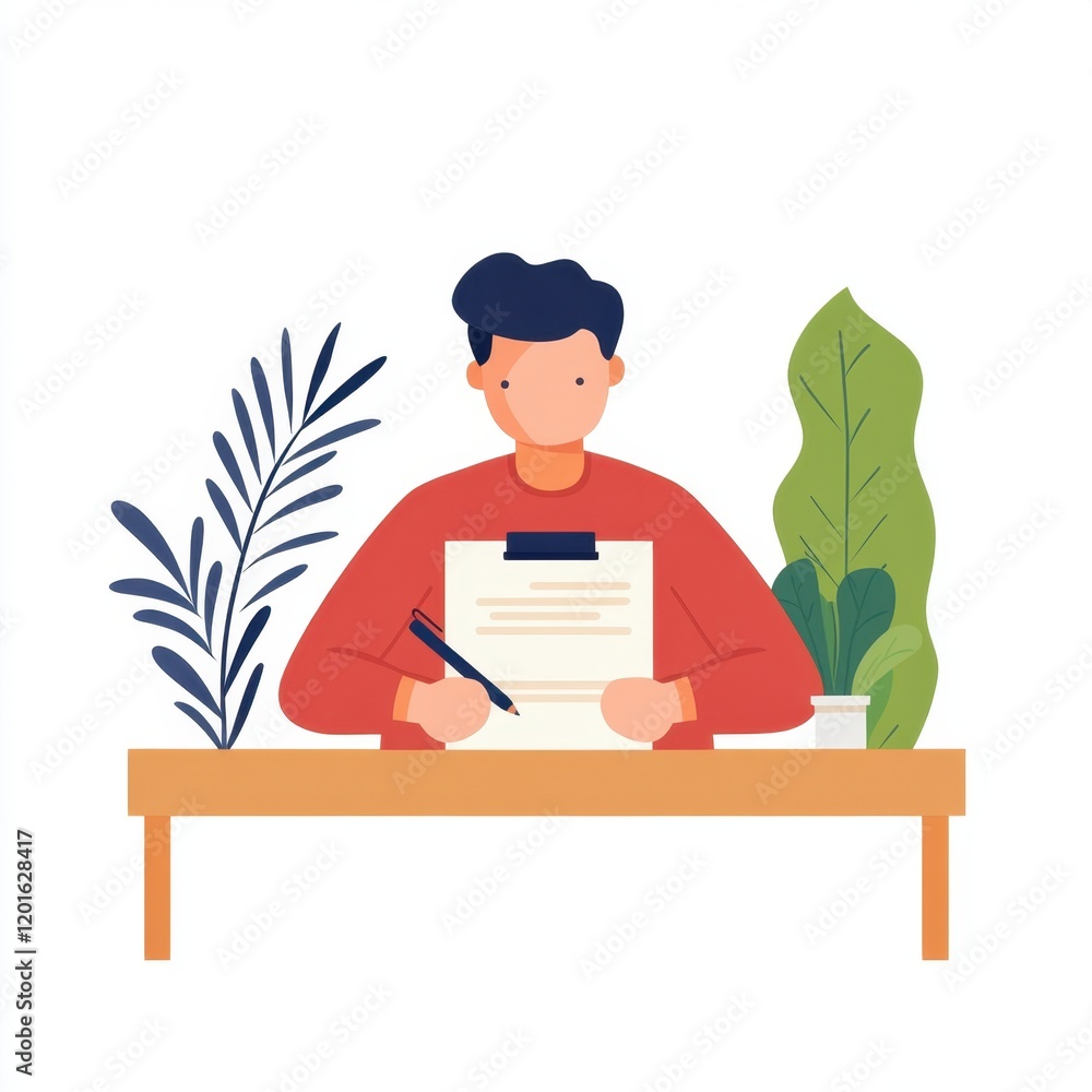 Poster a young man sits at a table, writing on a document with plants on either side, creating a calm and f