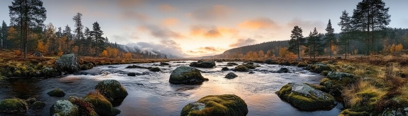 Autumn sunset over river, rocky banks, forest background; nature scene