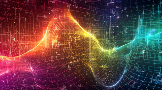 A highly detailed rendering of quantum fields, visualized as rippling grids of energy waves in vibrant colors, surrounded by abstract mathematical symbols, illustrating quantum physics concepts.