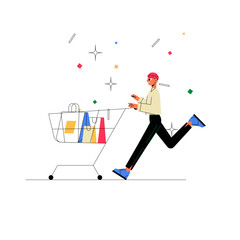 Man Pushing Shopping Cart With Colorful Bags In Flat Vector Illustration Symbolizing Shopping, Retail Therapy, And Consumer Activity, Isolated On White Background.