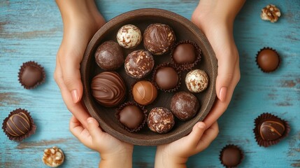 Obraz premium Child's hands hold a bowl of assorted chocolates.