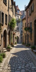 Fototapeta premium Charming cobblestone street in a quaint European village, quaint, european, village