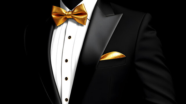 men's black tuxedo in vector format with gold lapels metallic texture. Also add metallic Golden cummerbund that shows through. Generative AI