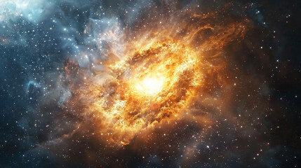 Fototapeta premium The birth of a new star in the depths of space, surrounded by glowing nebulae, colorful cosmic dust, and radiant energy illuminating the dark void.