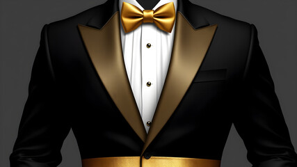 men's black tuxedo in vector format with gold lapels metallic texture. Also add metallic Golden cummerbund that shows through. Generative AI