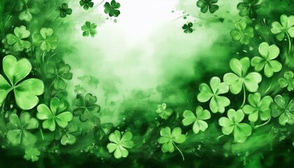 Festive St. Patricks Day background with green shamrock leaves border with copy space