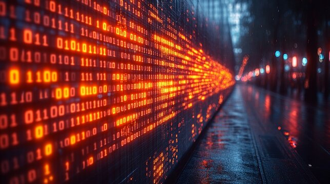 Binary Code Wall Night Cityscape.
