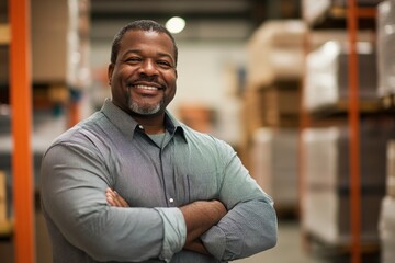 Obraz premium A smiling man in a checkered shirt stands confidently in a warehouse, surrounded by stacked boxes and shelves.