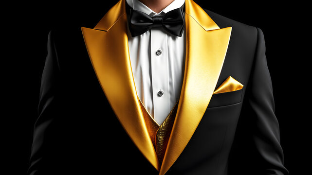 men's black tuxedo in vector format with gold lapels metallic texture. Also add metallic Golden cummerbund that shows through. Generative AI