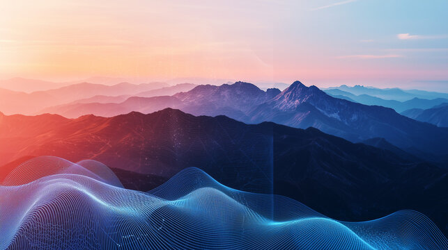 A serene mountain landscape with a holographic overlay of quantum wave equations, blending nature with the abstract beauty of quantum physics.