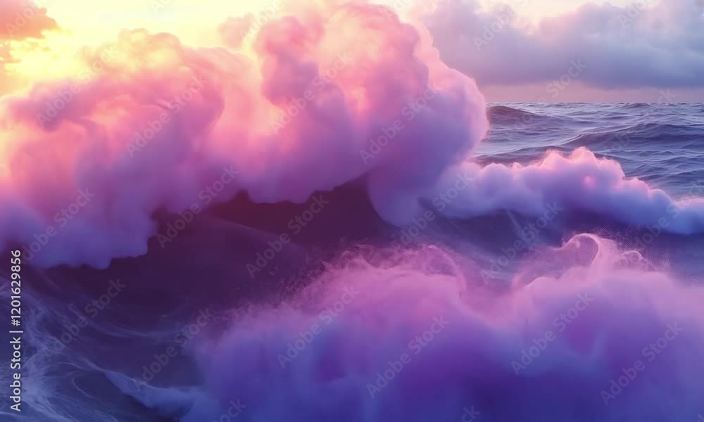 Poster dynamic animation of abstract purple waves flowing horizontally in a seamless circle with pink color