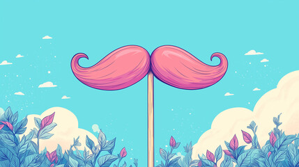 Pink mustache prop on stick in whimsical floral scene