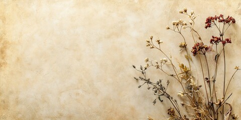Vintage background with dried flowers and plants on a beige textured wall, in a sepia tone. Vintage background with dried grasses or wildflowers.