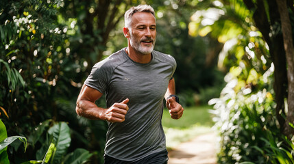 A vibrant scene of a middle-aged man jogging in a lush park, showcasing an active and healthy lifestyle. Ideal for fitness, wellness, or outdoor activity visuals.