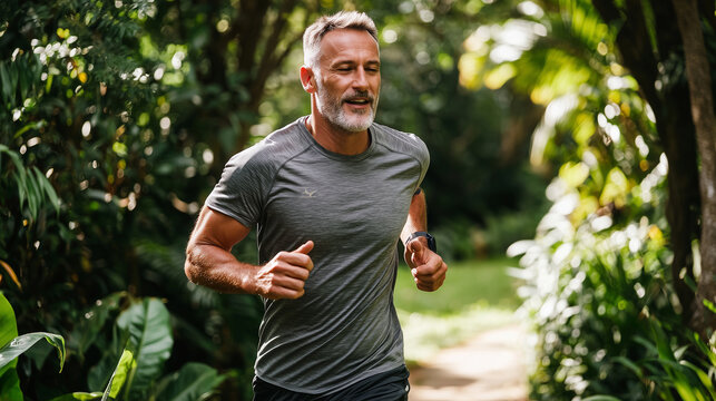 A vibrant scene of a middle-aged man jogging in a lush park, showcasing an active and healthy lifestyle. Ideal for fitness, wellness, or outdoor activity visuals. - Powered by Adobe