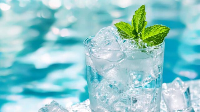 Refreshing mint cocktail with ice, horizontal video, ideal for summer beverages, bar promotions and fresh drink campaigns