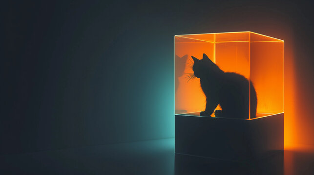 Minimalist depiction of Schr&ouml;dinger's cat thought experiment, featuring a transparent box with a glowing cat silhouette, half in shadow and half illuminated, symbolizing quantum uncertainty.
