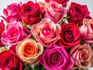 Fototapeta premium Vibrant Pink & Red Rose Bouquet Close-Up - White Background Stock Photo