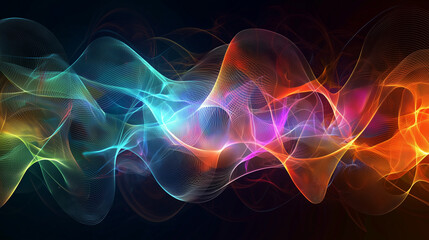 Obraz premium A 3D visualization of quantum wavefunctions, represented as colorful, glowing wave patterns in a dark, futuristic setting.