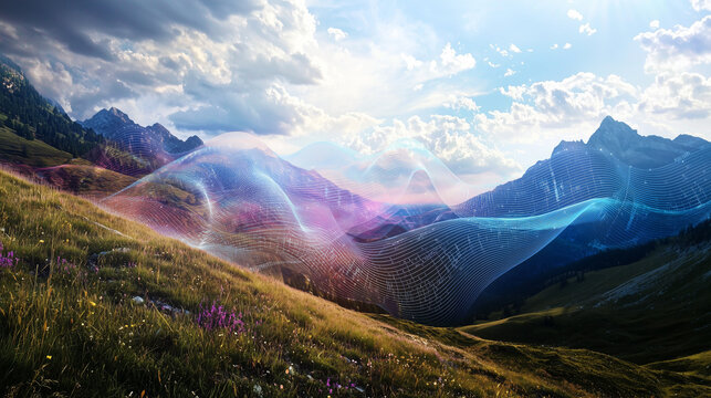 A serene mountain landscape with a holographic overlay of quantum wave equations, blending nature with the abstract beauty of quantum physics.