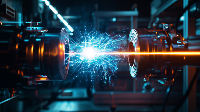 A quantum teleportation experiment setup with glowing quantum nodes linked by a shimmering energy beam, set in a dimly lit laboratory.