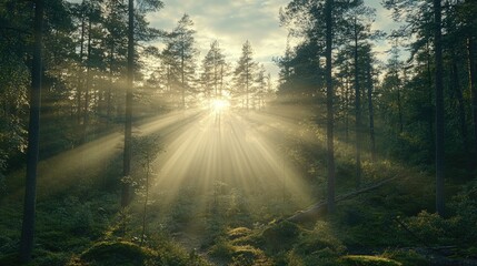 Obraz premium Sun rays through forest, tranquil morning scene, nature background, peaceful wallpaper
