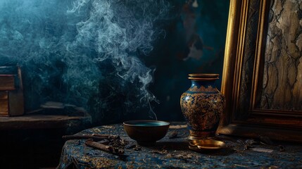 Mysterious vintage decor with dramatic lighting and smoke