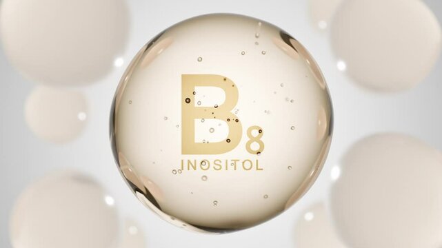 A golden glossy sphere with vitamin B8. Inositol pill capsule. Abstract 3D bubble drop background