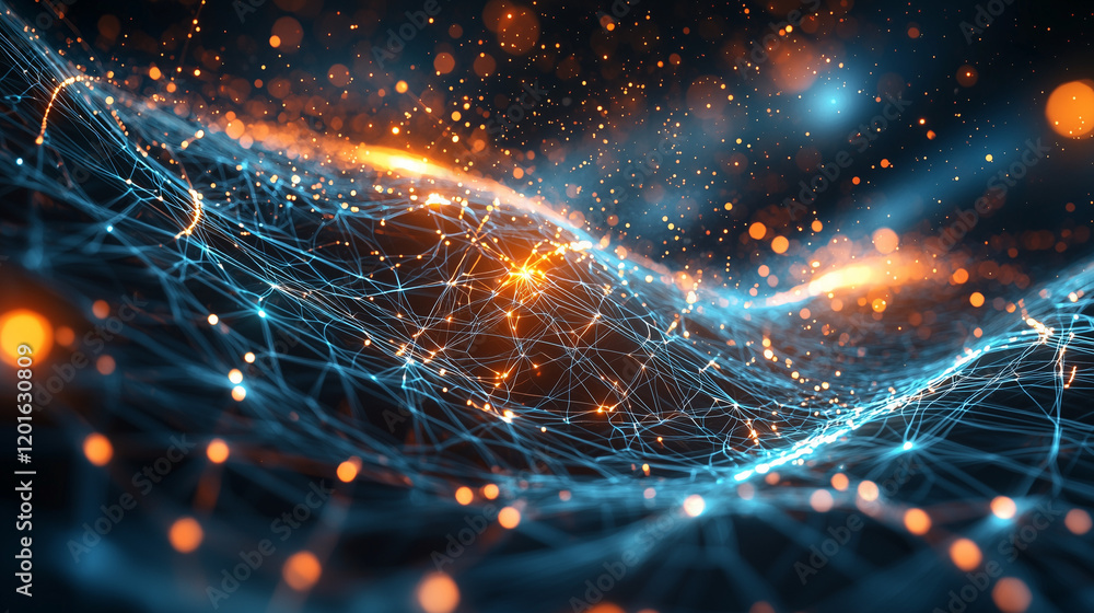 Fototapete a highly detailed rendering of quantum fields, visualized as rippling grids of energy waves in vibra