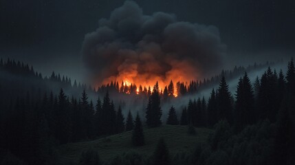Fototapeta premium Raging Fire in the Forest Under the Night Sky