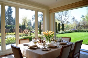 Fototapeta premium Timeless dining area with vintage accents, intricate table setting, and a calming atmosphere