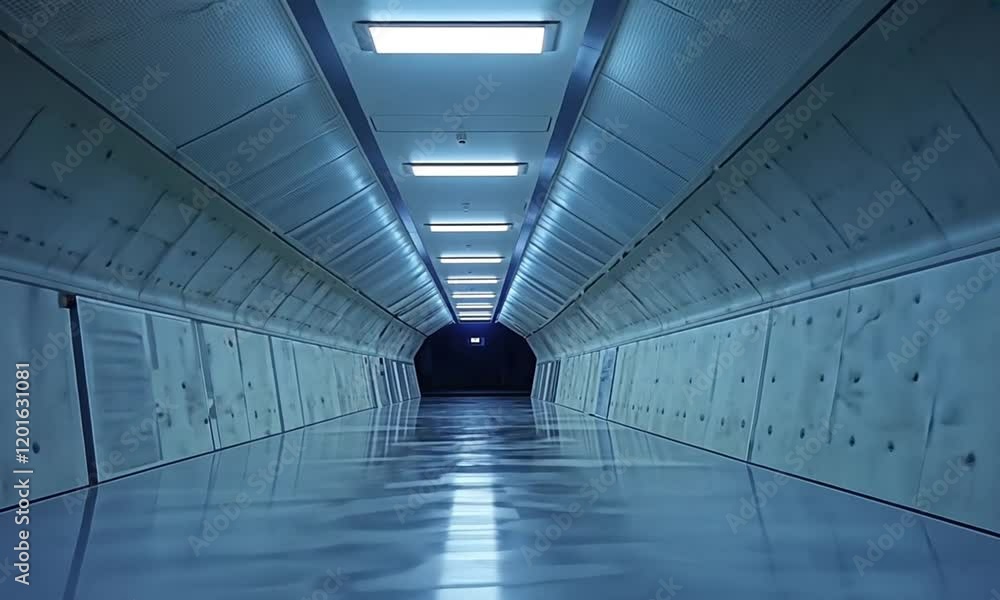 Poster stunning 3d triangle tunnel with geometric patterns and vivid blue strobe light