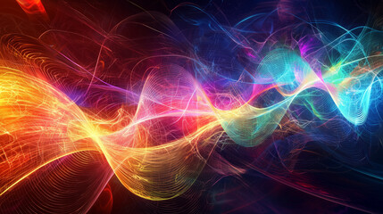 A 3D visualization of quantum wavefunctions, represented as colorful, glowing wave patterns in a dark, futuristic setting.