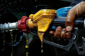 Woman driver refueling her car at a gas station fuel pump, filling up with gasoline