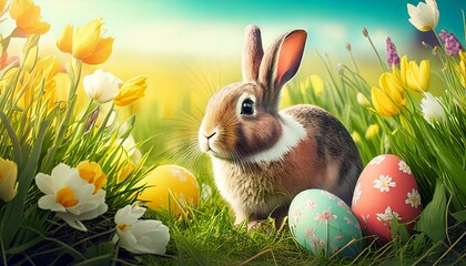 Fototapeta premium Hare and Easter eggs in a spring meadow