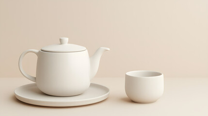 Fototapeta premium Elegant tea set display minimalist interior still life photography soft lighting aesthetic perspective
