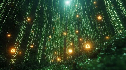 Naklejka premium Digital Matrix Background with Glowing Padlocks.
