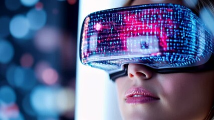 Woman with futuristic VR display, horizontal, suitable for technology innovation, digital transformation, virtual reality experiences and future tech presentations