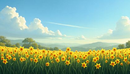 Obraz premium Vibrant field of yellow daffodils under blue sky with fluffy clouds and distant mountains