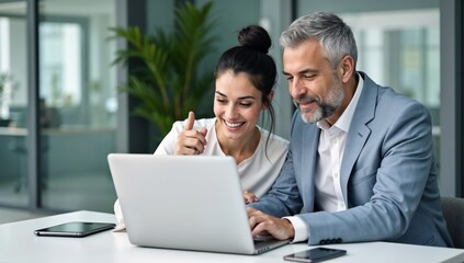 Obraz premium Professionals Collaborating on Laptop in Modern Office Environment
