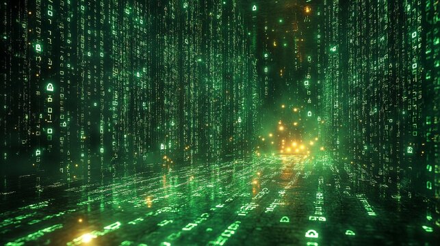 Digital rain abstract background glowing green code.