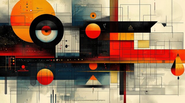 Abstract geometric composition with vibrant colors and intricate lines. Ideal for modern posters, album covers, or digital backgrounds.