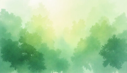 Mysterious foggy forest scene with soft green foliage and a dreamy atmosphere