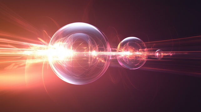 An artistic visualization of superposition, showing a particle existing in multiple states at once, represented by overlapping glowing orbs.
