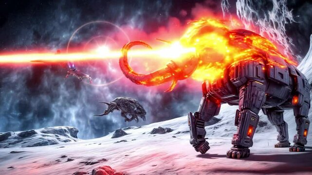 Fantasy battle space robots - mammoths go on the offensive and shoot laser beams