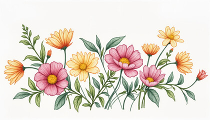 Vibrant floral bouquet of mixed flowers including pink and yellow blossoms on a clean background