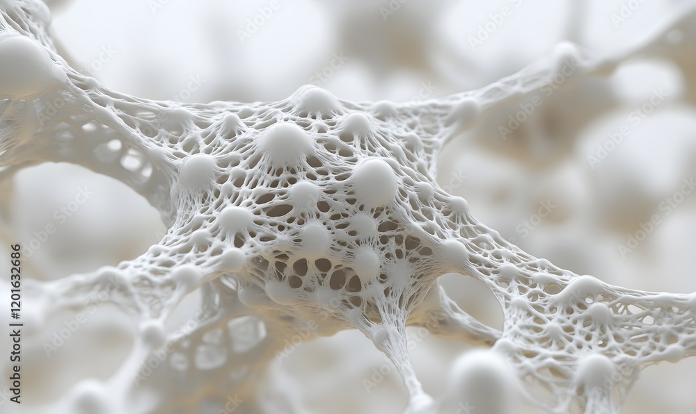 Poster microscopic view of interconnected nodes forming a complex network.