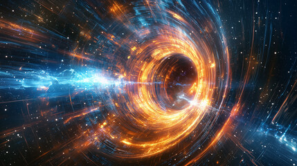 Obraz premium A futuristic quantum research station in outer space, featuring massive rotating rings and energy beams designed to harness quantum fluctuations, set against a cosmic backdrop.