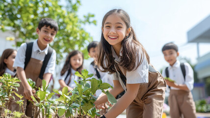 Planting trees, schoolchildren engaged in green initiative, smiling faces