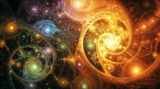 A stylized artistic representation of the multiverse theory, with multiple parallel universes shown as overlapping spheres connected by luminous strings.